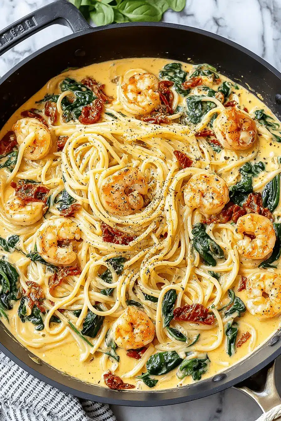 Amazing 25-Minute Tuscan Shrimp Pasta 2 Close-up overhead shot of rich and creamy spaghetti with plump shrimp, sun-dried tomatoes, and spinach, presented as a delicious tuscan shrimp pasta.