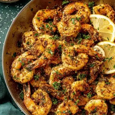Ultimate Pan Seared Shrimp: Restaurant Quality 4 Overhead close-up of perfectly seasoned **Pan Seared Shrimp** garnished with fresh parsley and lemon slices in a rustic metal skillet.