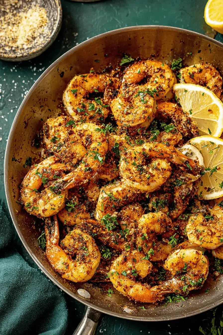 Ultimate Pan Seared Shrimp: Restaurant Quality 2 Overhead close-up of perfectly seasoned **Pan Seared Shrimp** garnished with fresh parsley and lemon slices in a rustic metal skillet.