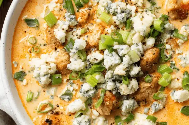 Overhead view of a creamy, richly garnished bowl of homemade Buffalo Chicken Soup topped with large crumbles of blue cheese and fresh green scallions.