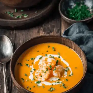 Sensational Shrimp Bisque Soup: Easy Homemade Recipe 3 Close-up of a creamy, orange-hued shrimp bisque soup served in a dark rustic bowl, garnished with whole shrimp and fresh chives.
