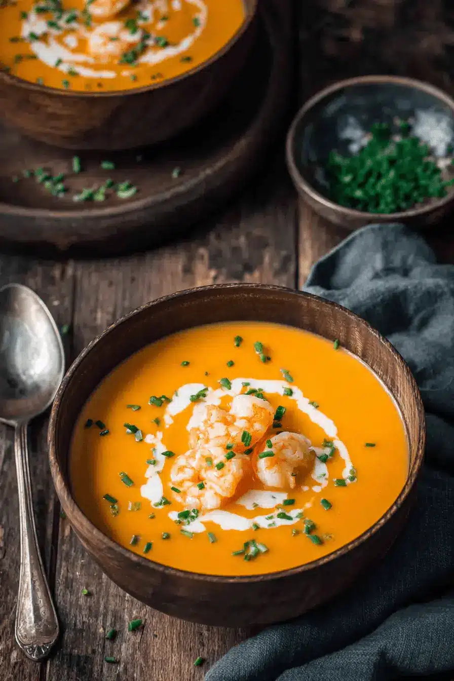 Sensational Shrimp Bisque Soup: Easy Homemade Recipe 2 Close-up of a creamy, orange-hued shrimp bisque soup served in a dark rustic bowl, garnished with whole shrimp and fresh chives.