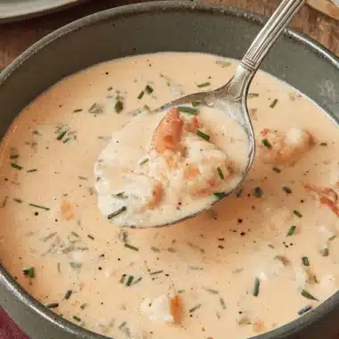 Luxury Crab and Shrimp Seafood Bisque in 40 Minutes 4 Close-up of creamy crab and shrimp seafood bisque in a dark bowl with a spoon lifting a scoop, showing pieces of shrimp.