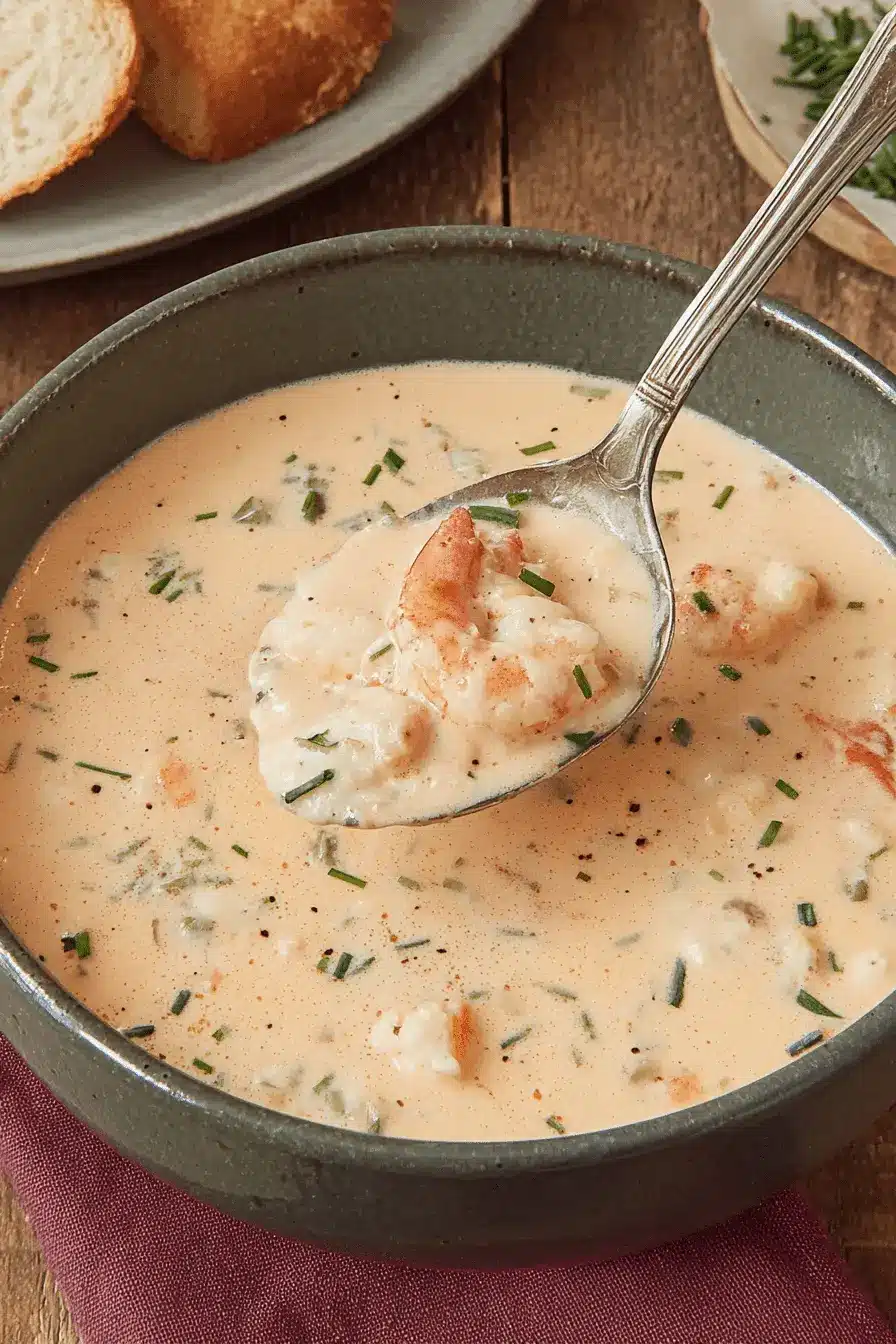 Luxury Crab and Shrimp Seafood Bisque in 40 Minutes 2 Close-up of creamy crab and shrimp seafood bisque in a dark bowl with a spoon lifting a scoop, showing pieces of shrimp.