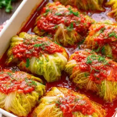 Ultimate Stuffed Cabbage Rolls (Golumpki) 3 Close-up of homemade stuffed cabbage rolls in a red tomato sauce, garnished with fresh dill in a white baking dish.