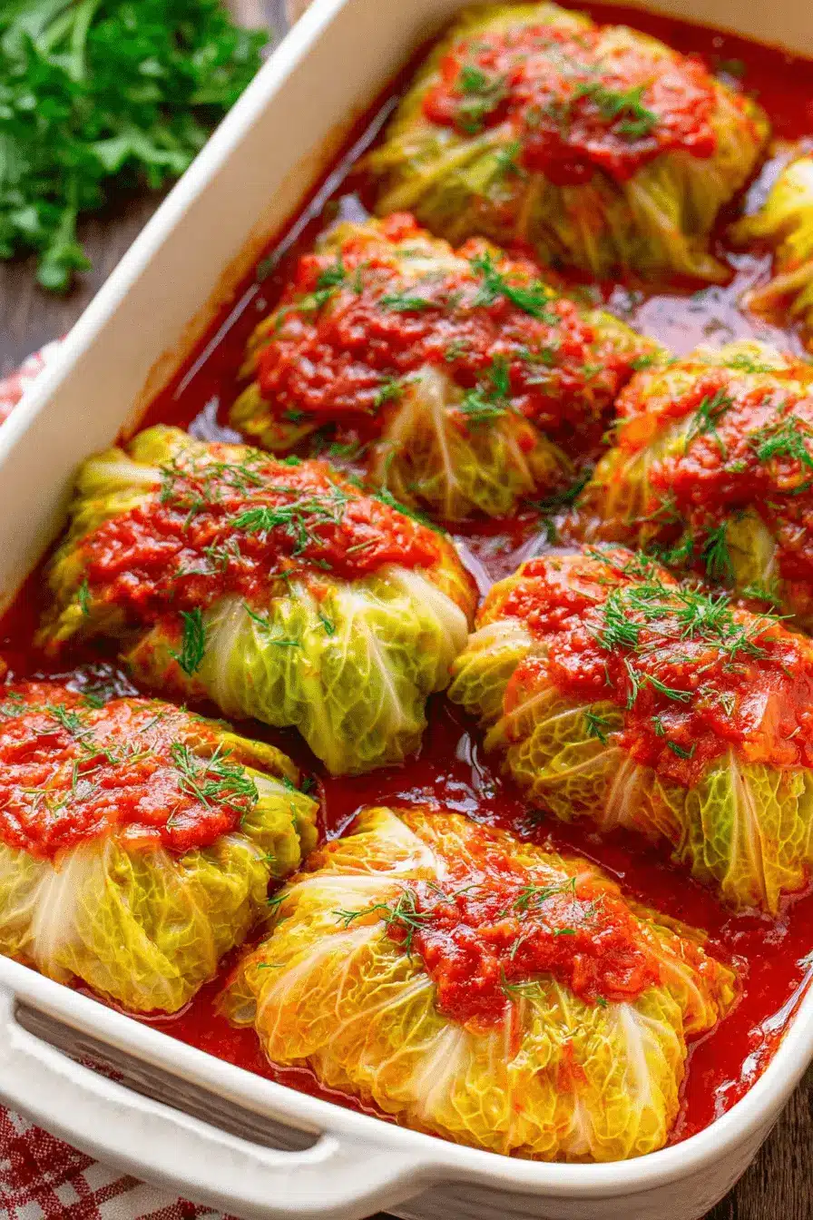 Ultimate Stuffed Cabbage Rolls (Golumpki) 2 Close-up of homemade stuffed cabbage rolls in a red tomato sauce, garnished with fresh dill in a white baking dish.