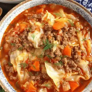 Ultimate Cabbage Roll Soup: Easy One-Pot Recipe 3 Close-up overhead photo of hearty cabbage roll soup with ground meat, carrots, and fresh dill in a rustic ceramic bowl.