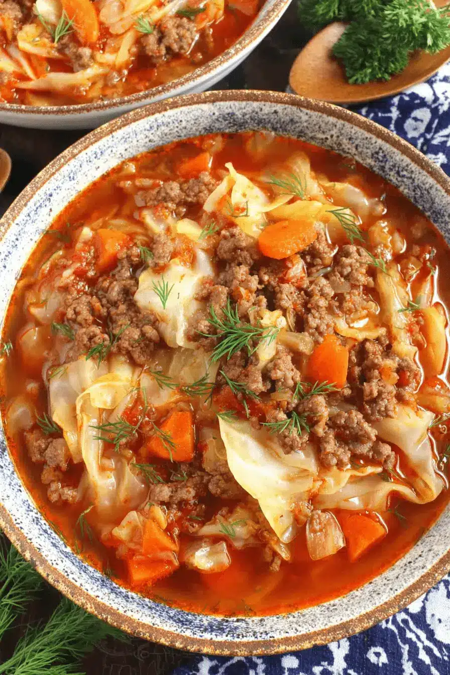 Ultimate Cabbage Roll Soup: Easy One-Pot Recipe 2 Close-up overhead photo of hearty cabbage roll soup with ground meat, carrots, and fresh dill in a rustic ceramic bowl.