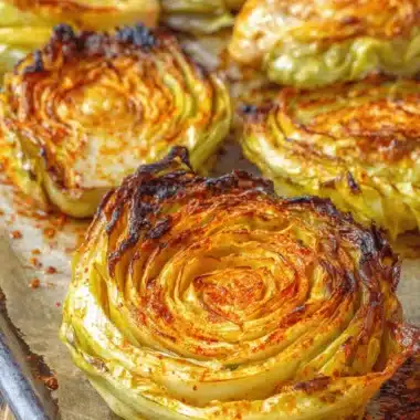 Amazing Easy Cabbage Steaks Recipe 4 Close-up of perfectly roasted Cabbage Steaks, caramelized and seasoned with red spice on parchment paper.