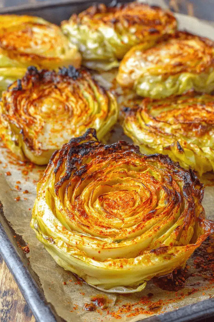 Amazing Easy Cabbage Steaks Recipe 2 Close-up of perfectly roasted Cabbage Steaks, caramelized and seasoned with red spice on parchment paper.