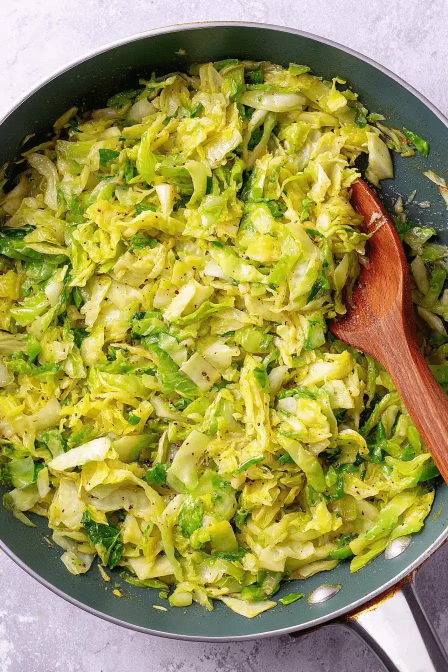 Wonderful Napa Cabbage Recipes: Quick & Easy Stir-fry 2 Overhead shot of sautéed napa cabbage and seasoning in a dark non-stick skillet, illustrating easy napa cabbage recipes.