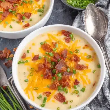 Overhead view of a large bowl of creamy cheesy potato soup topped with melted cheddar cheese, crispy bacon, and fresh green chives.