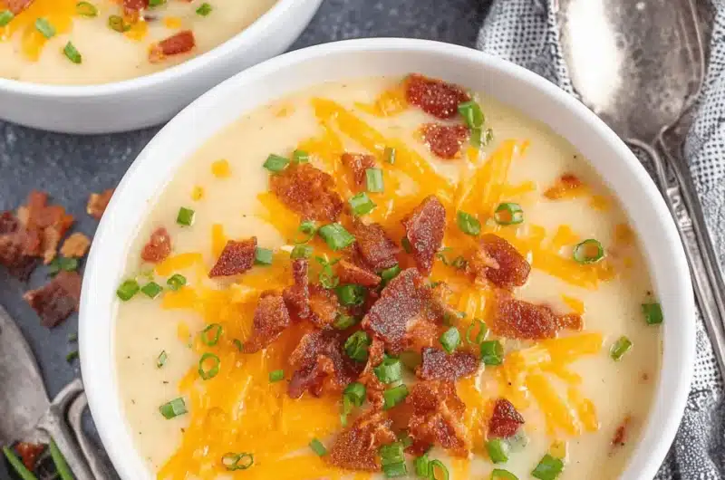 Overhead view of a large bowl of creamy cheesy potato soup topped with melted cheddar cheese, crispy bacon, and fresh green chives.