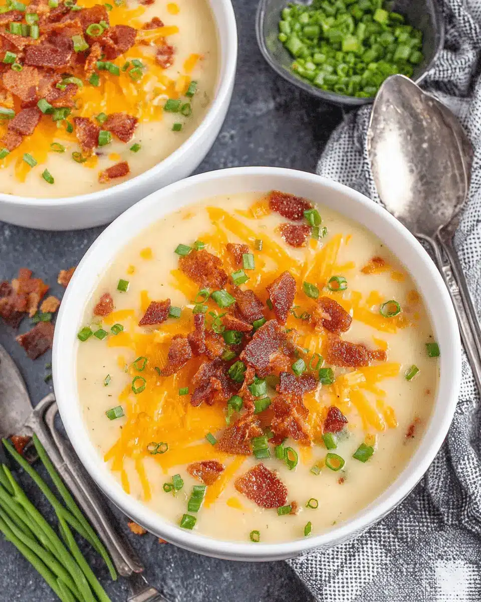 The Ultimate Cheesy Potato Soup Recipe 2 Overhead view of a large bowl of creamy cheesy potato soup topped with melted cheddar cheese, crispy bacon, and fresh green chives.