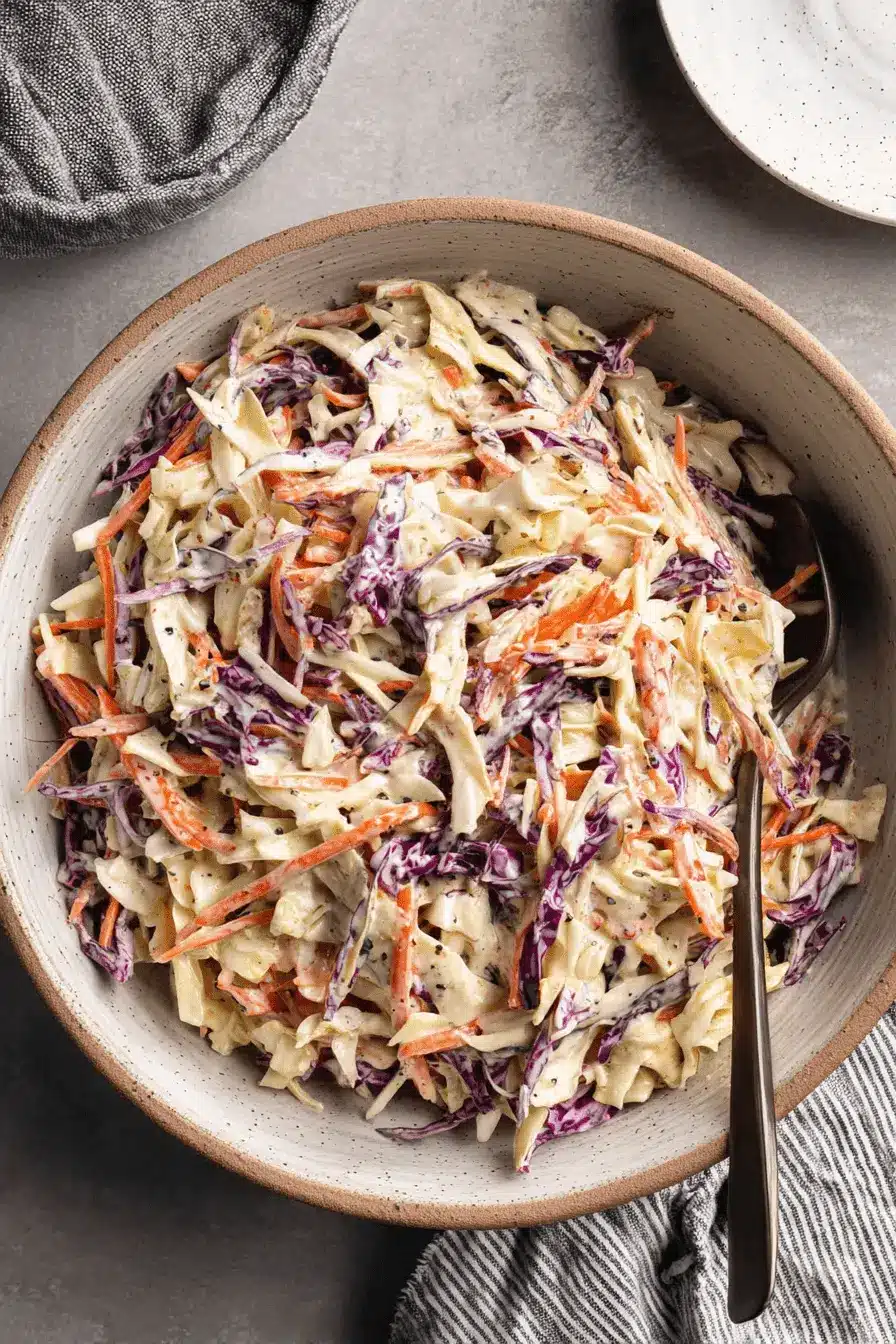 Amazing Classic Coleslaw: Never Soggy Again! 2 Top-down view of creamy tri-color Classic Coleslaw with shredded carrots and purple cabbage in a rustic ceramic bowl.
