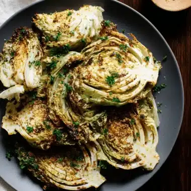 Amazing Roasted Cabbage: Sweet, Caramelized Delight 4 Deliciously seasoned and caramelized roasted cabbage wedges served on a rustic dark plate.
