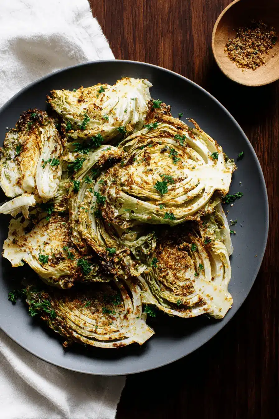 Amazing Roasted Cabbage: Sweet, Caramelized Delight 2 Deliciously seasoned and caramelized roasted cabbage wedges served on a rustic dark plate.