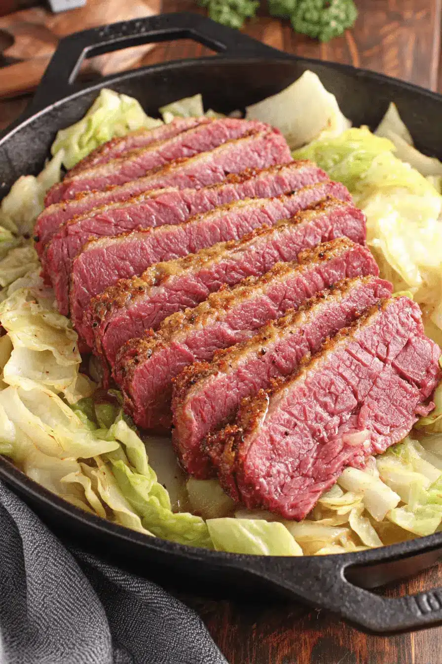 Amazing Slow Cooker Corned Beef and Cabbage 2 Hearty, thinly sliced corned beef and cabbage meal served in a rustic black cast-iron skillet on a wooden surface.