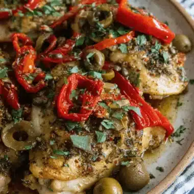 Ultimate Slow Cooker Mediterranean Chicken 4 Close-up of golden Slow Cooker Mediterranean Chicken garnished with vibrant red peppers, green olives, and fresh parsley.