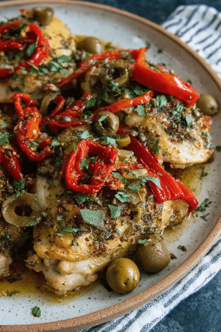 Ultimate Slow Cooker Mediterranean Chicken 2 Close-up of golden Slow Cooker Mediterranean Chicken garnished with vibrant red peppers, green olives, and fresh parsley.