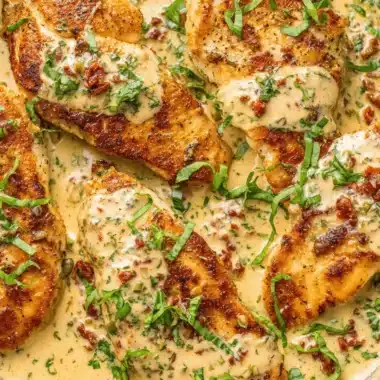 Amazing 30-Minute Marry Me Chicken Recipe 3 Close-up of golden-brown pan-fried chicken breasts swimming in a rich, creamy sauce, garnished with herbs and sun-dried tomatoes, illustrating the delicious marry me chicken.