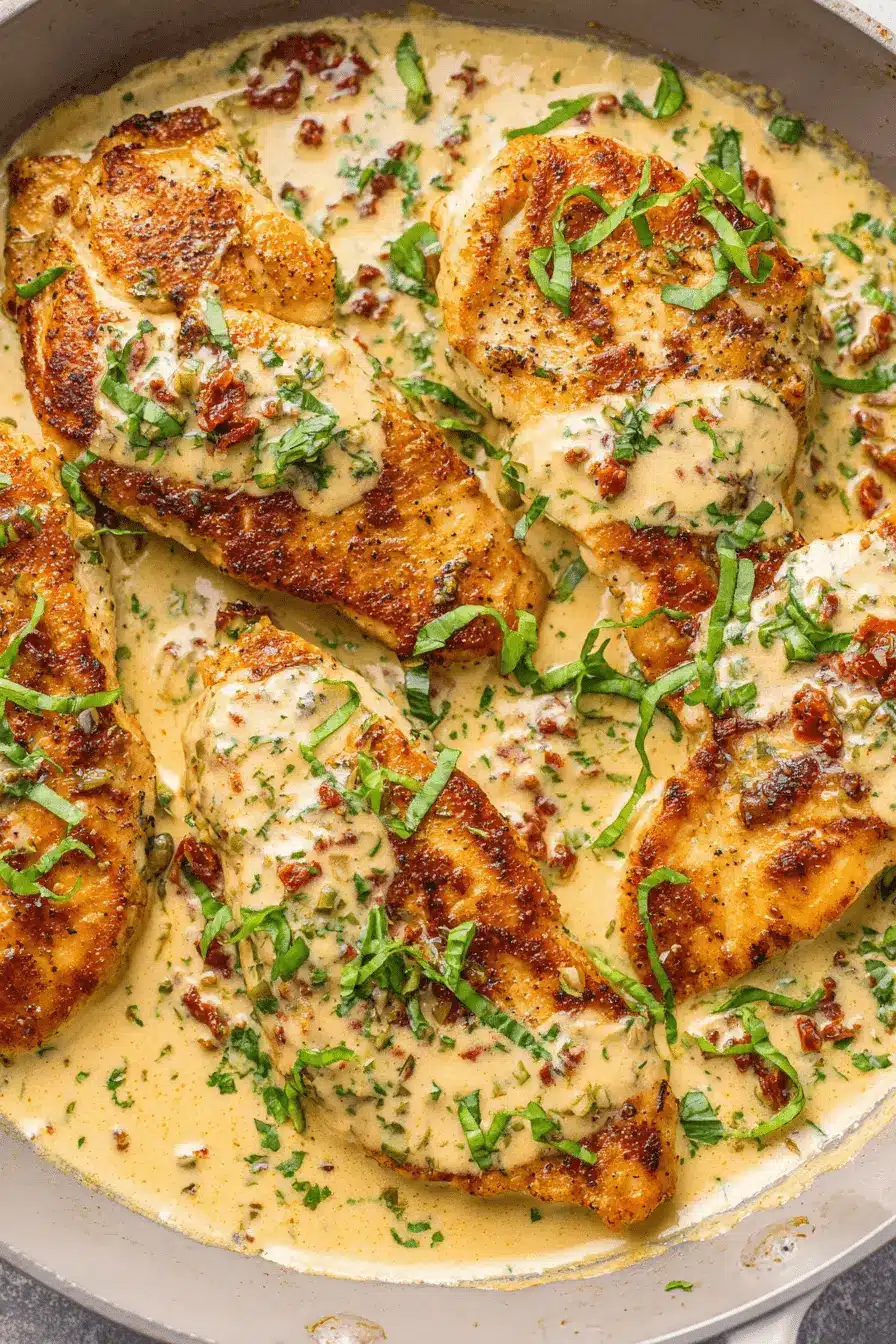 Amazing 30-Minute Marry Me Chicken Recipe 2 Close-up of golden-brown pan-fried chicken breasts swimming in a rich, creamy sauce, garnished with herbs and sun-dried tomatoes, illustrating the delicious marry me chicken.