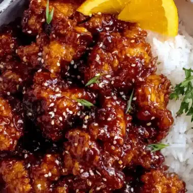 The Ultimate Orange Chicken Recipe: Crispy & Easy 3 Overhead view of a glossy, bite-sized orange chicken recipe served with white rice and garnished with fresh orange slices and sesame seeds.