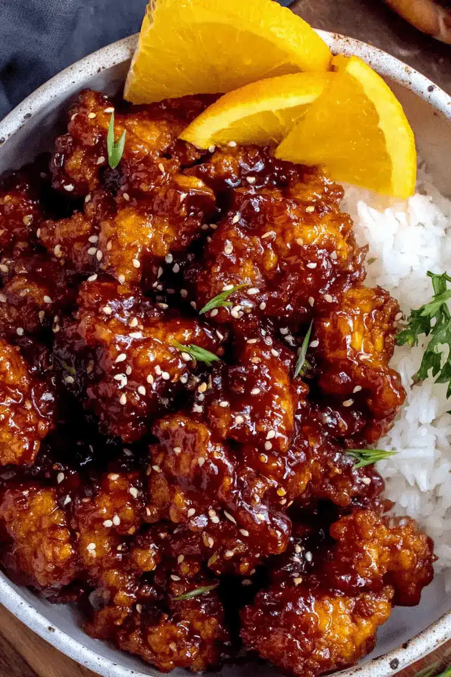 The Ultimate Orange Chicken Recipe: Crispy & Easy 2 Overhead view of a glossy, bite-sized orange chicken recipe served with white rice and garnished with fresh orange slices and sesame seeds.