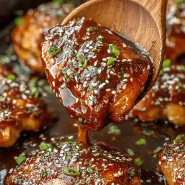 Amazing Quick Honey Garlic Chicken 3 Close-up of glossy honey garlic chicken thighs garnished with sesame seeds and green onions, served directly in a cast-iron skillet.