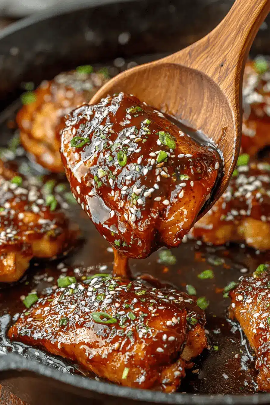Amazing Quick Honey Garlic Chicken 2 Close-up of glossy honey garlic chicken thighs garnished with sesame seeds and green onions, served directly in a cast-iron skillet.