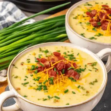 Two servings of loaded, creamy instant pot potato soup topped with crispy bacon, shredded cheddar, and fresh chives.