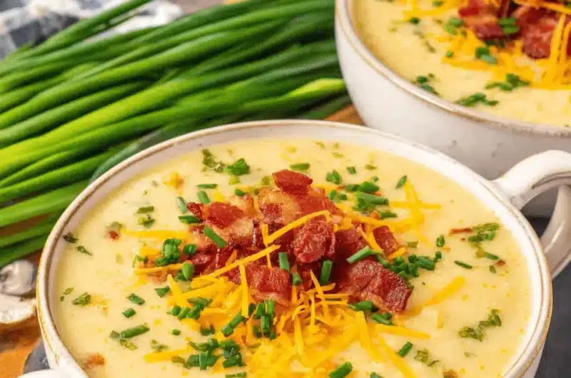 Two servings of loaded, creamy instant pot potato soup topped with crispy bacon, shredded cheddar, and fresh chives.