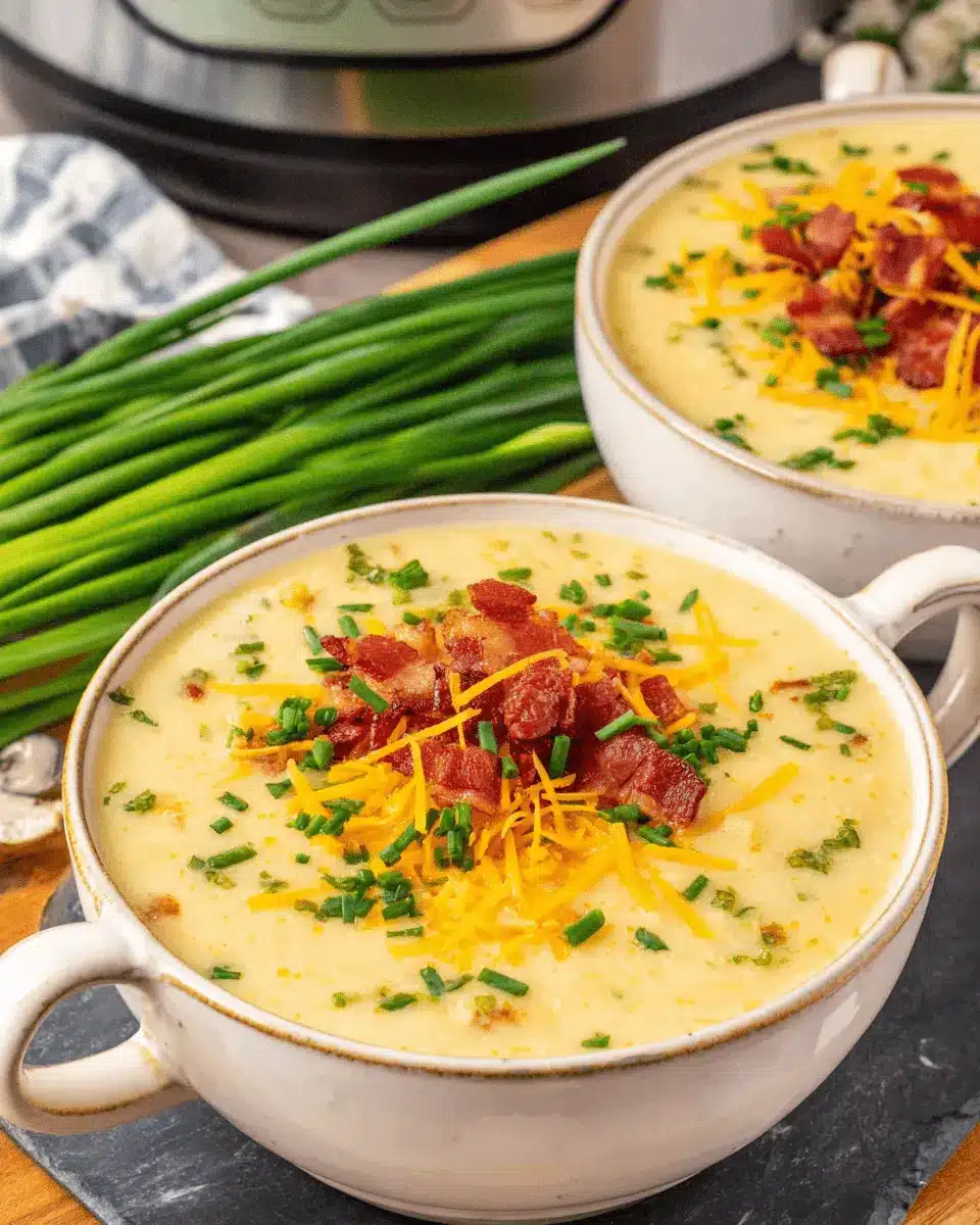 Two servings of loaded, creamy instant pot potato soup topped with crispy bacon, shredded cheddar, and fresh chives.