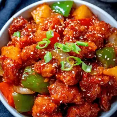 Ultimate Crispy Sweet and Sour Chicken 4 Overhead close-up of a white bowl brimming with vibrant sweet and sour chicken, garnished with sesame seeds and green onions.
