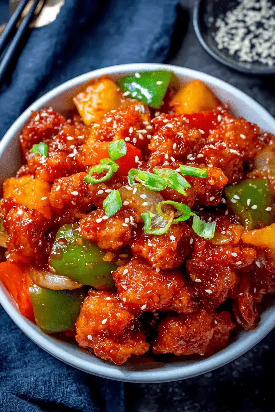 Ultimate Crispy Sweet and Sour Chicken 2 Overhead close-up of a white bowl brimming with vibrant sweet and sour chicken, garnished with sesame seeds and green onions.