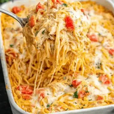 Ultimate Creamy Chicken Spaghetti Recipe 3 Creamy, cheesy chicken spaghetti casserole being served from a white dish, highlighting stringy melted mozzarella.