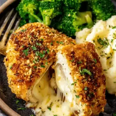 Amazing Parmesan Crusted Chicken Recipe 3 Plated parmesan crusted chicken showing melted cheese, served with mashed potatoes and fresh broccoli.