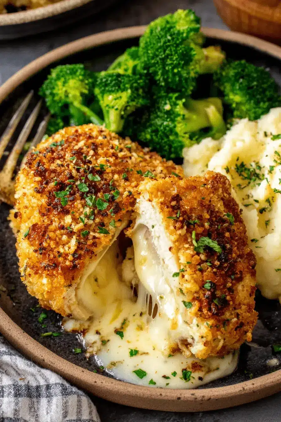 Amazing Parmesan Crusted Chicken Recipe 2 Plated parmesan crusted chicken showing melted cheese, served with mashed potatoes and fresh broccoli.