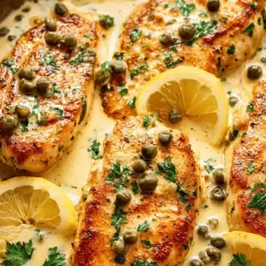 Ultimate Foolproof Chicken Piccata Recipe 4 Close-up of pan-seared chicken piccata with lemon slices, capers, and fresh parsley in a rich, creamy sauce.