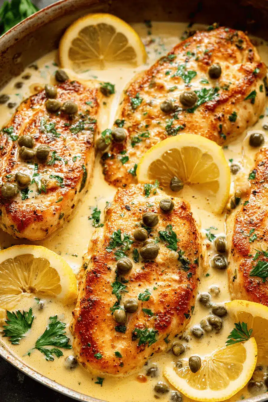 Ultimate Foolproof Chicken Piccata Recipe 2 Close-up of pan-seared chicken piccata with lemon slices, capers, and fresh parsley in a rich, creamy sauce.