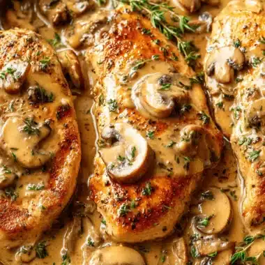 Foolproof Chicken Marsala: Restaurant-Quality at Home 4 Close-up of creamy chicken marsala dish with sliced mushrooms and fresh thyme in a stainless steel pan.