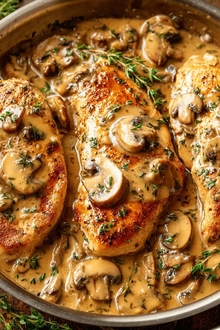 Foolproof Chicken Marsala: Restaurant-Quality at Home 2 Close-up of creamy chicken marsala dish with sliced mushrooms and fresh thyme in a stainless steel pan.