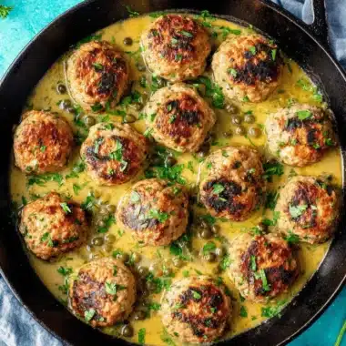 Ultimate Easy Chicken Meatballs: Baked, Fried & Air-Fried 3 Golden-brown pan-fried chicken meatballs in a creamy caper sauce with fresh parsley in a rustic cast-iron skillet.