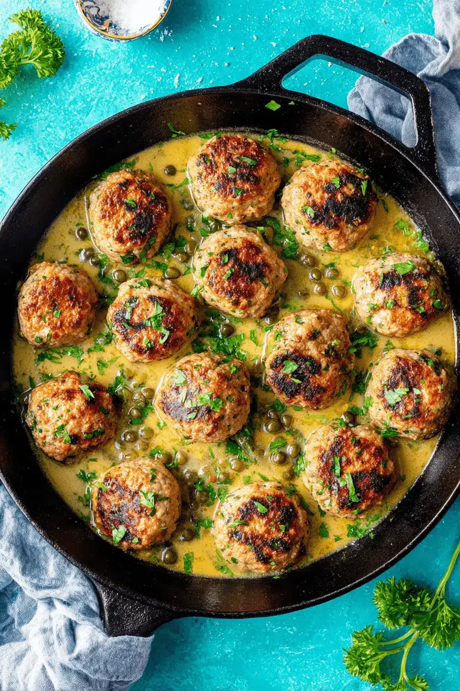 Ultimate Easy Chicken Meatballs: Baked, Fried & Air-Fried 2 Golden-brown pan-fried chicken meatballs in a creamy caper sauce with fresh parsley in a rustic cast-iron skillet.