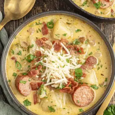 Overhead view of a hearty bowl of creamy cajun potato soup loaded with smoked sausage, bacon, cheese, and fresh scallions on a dark wooden surface.
