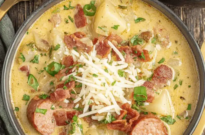 Overhead view of a hearty bowl of creamy cajun potato soup loaded with smoked sausage, bacon, cheese, and fresh scallions on a dark wooden surface.