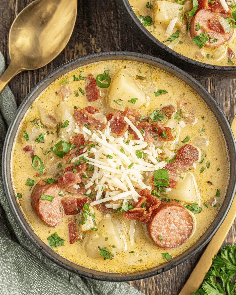 Overhead view of a hearty bowl of creamy cajun potato soup loaded with smoked sausage, bacon, cheese, and fresh scallions on a dark wooden surface.