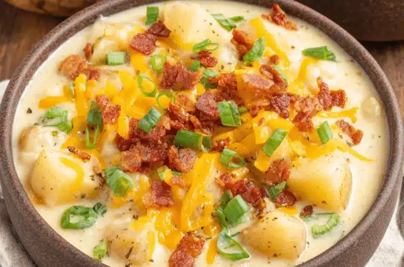 Hearty, creamy bowl of hash brown potato soup loaded with melted cheddar cheese, crispy bacon crumbles, and fresh green scallions on a dark wooden table.