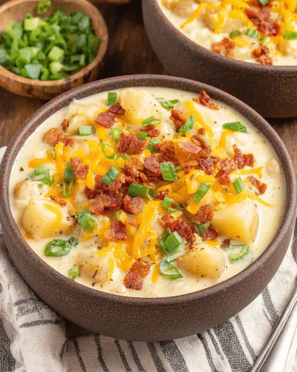 The Ultimate Hash Brown Potato Soup Recipe 2 Hearty, creamy bowl of hash brown potato soup loaded with melted cheddar cheese, crispy bacon crumbles, and fresh green scallions on a dark wooden table.