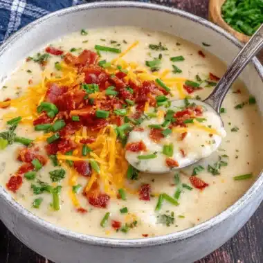 The Ultimate Paula Deen Potato Soup Recipe 4 Detailed close-up of a creamy bowl of loaded **paula deen potato soup** topped with crispy bacon, melted cheddar cheese, and fresh chives.